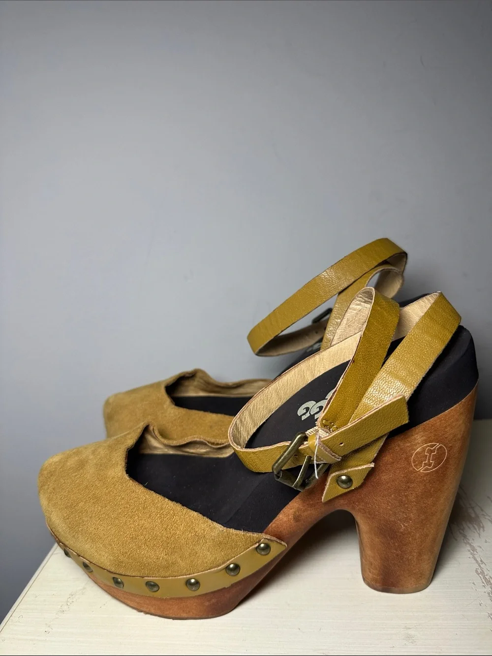 Flogg Women’s Mustard yellow leather suede wood Platform Mary Jane Heels